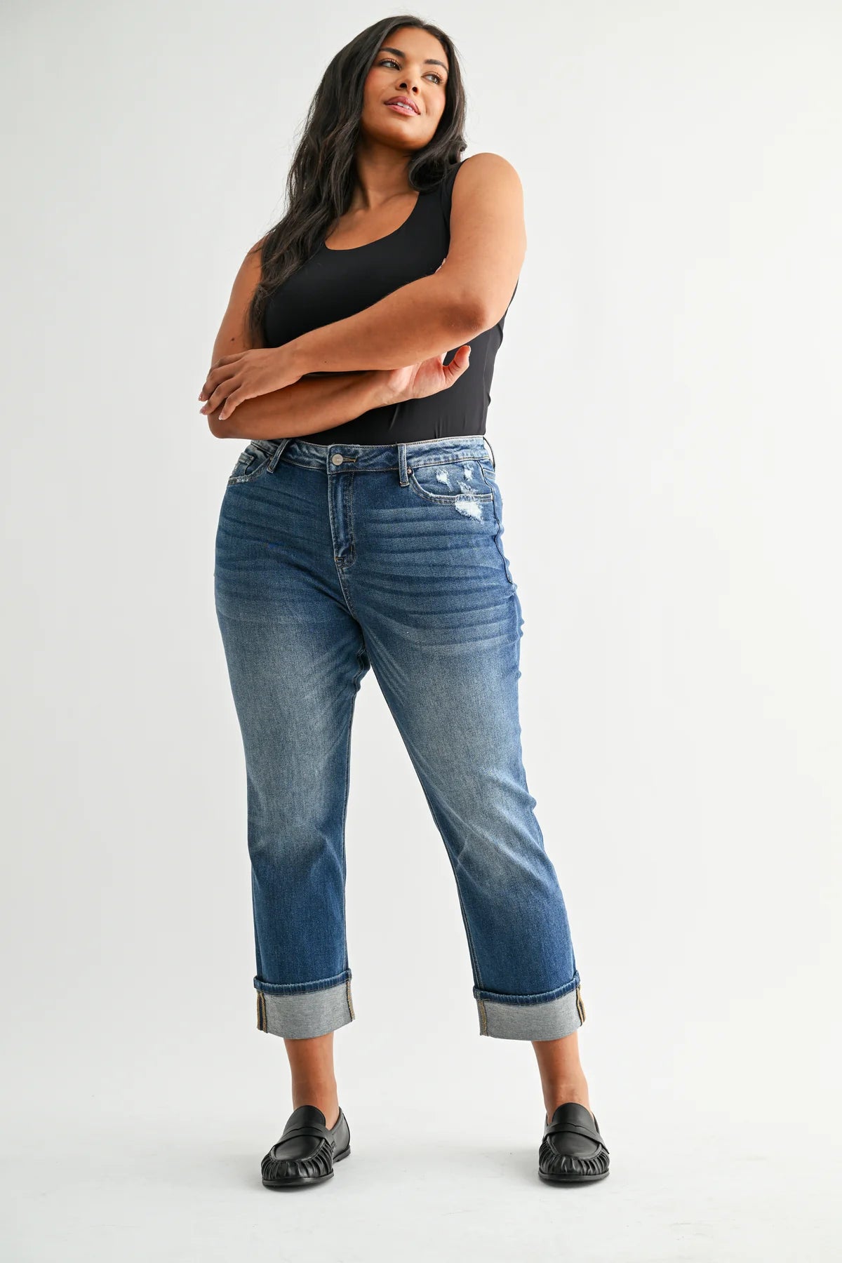 mica denim - Straight Leg w/Cuff Cropped Denim